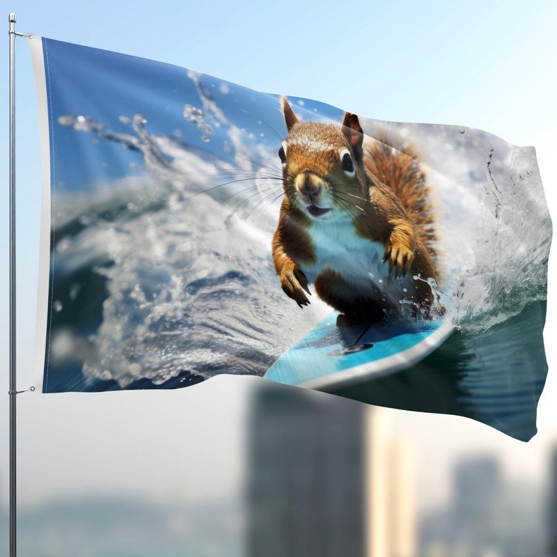 Surfing Squirrel Flag - Large Funny Flag - Double-Sided Print