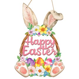 Easter Decoration Wooden Wreath for Front Door, Happy Easter Spring Door Sign Decoration - Spring Welcome Decor for Indoor Outdoor Wall, Door, Fireplace, Party - Happy Easter Home Decoration