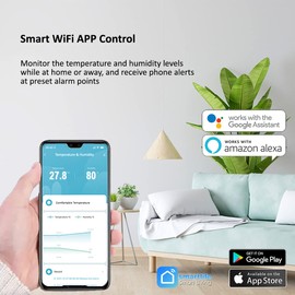 Smarter Living- Smart WiFi Temperature and Humidity Sensor (2 Pack), No Hub Required, Battery Operated, Phone Alerts, Works with Smart Life and Tuya Apps, Google Home and Alexa, on Android and iOS