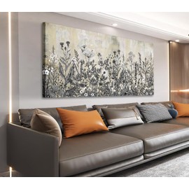 NINEASO Botanical Canvas Wall Art - Wildflower Pictures Vintage Grey Brown Floral Wall Decor Rustic Beige Print Flower Plants Painting Artwork for Living Room Bedroom Home Office Decorations 29" x 58"