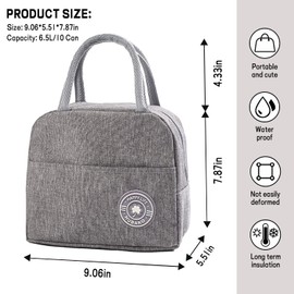 HUBAKO Small Portable Cute Lunch Bag for Boys Girls, Reusable Snack Bags with Front Pocket for Picnic Office Work Outdoor(Grey)