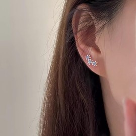 K.L.Y Women's Earrings, Popular, Mini Flower, Silver, 925 Cubic Zirconia, Cubic Zirconia, Sterling Silver, Hypoallergenic, Popular, Triple Earrings, Cute, Small Flowers, Birthday, Gift, Accessory,