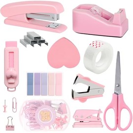 11pcs Office Desk Supplies for Clerks, Women Pink Office Accessories, Office Supplies with Tape Holder, Staple Remover, Scissors, Ruler, Clips Set, Stapler for Home & School, Work Gift for Employees