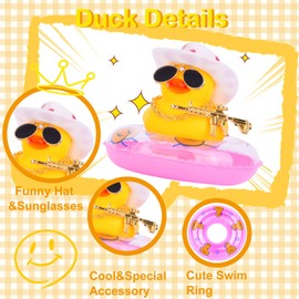MuMyer Yellow Duck Car Ornament Swim Ring Car Rubber Ducks Dashboard Decoration with Mini Cowboy Hat Swim Tube Necklace Alloy Glasses and Cool Accessories(A-Black)