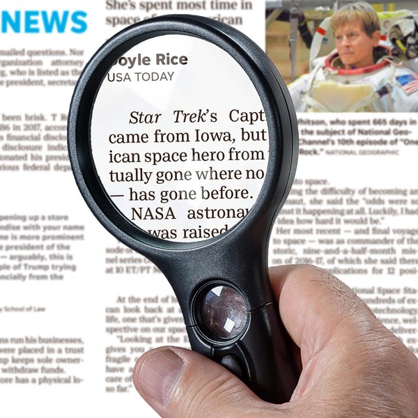 SeeZoom Lighted Magnifying Glass 3X 45x Magnifier Lens - Handheld Magnifying Glass with Light for Reading Small Prints, map, Coins and Jewelry - LED Magnifying Glass