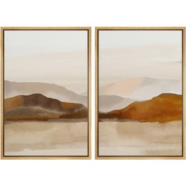 MUDECOR Framed Canvas Print Wall Art Pastel Brown Mountain Range Ocean Lake Wilderness Nature Illustrations Modern Art Decorative Calm/Relax Multicolor Rustic Minimal for Bedroom - 24"x36"x2 Natural
