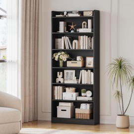 Yaheetech 7-Tier Open Bookcase and Bookshelf, Modern Simple Floor Standing Display Storage Shelves with Top Open Compartment for Home Office, Living Room, Bed Room - Black