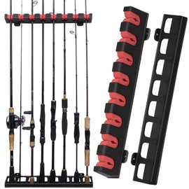 THKFISH Fishing Rod Rack Store 8 Fishing Rod Holders Rod Rack Wall Mount Vertical Fishing Pole Holders for Garage Room, Boats Store 8 Fishing Rod Combos,1pair red
