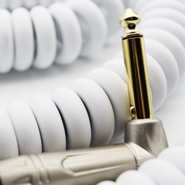 EITMOSS Coiled Guitar Cable with Mute Button Electric Instrument Coil Cable Curly Instrument Cable Stretchable 1/4 Right Angle to Straight Ends Plug 20 Feet-White