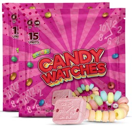 30 Candy Bracelet Watches Party Favors - Pack of 30 Pink Individually Wrapped Candy Bracelets with Colorful Fruit Flavor - Stretchable, Edible, Fruity Flavor Rainbow Candies for Party Favor Supplies