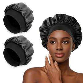 Romon Cuffia di Seta per La Notte Capelli Ricci, 2 Pezzi Cuffia in Seta Respirante Regolabile, Berretto da Notte per Donna con Capelli Lunghi O Ricci, Nero