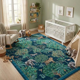 GarveeHome Jungle Washable Rug 9x12 Area Rugs for Living Room Bedroom, Animal Print Rug Non Slip Low Pile Forest Stain Resistance Large Throw Carpet for Dining Room Kids Playroom Nursery, Blue