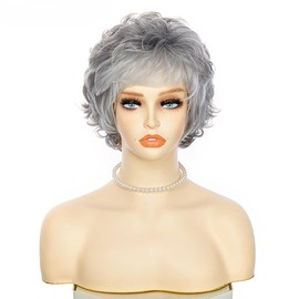 CGVG Grey Wig Women's Natural Short Curly Wig Women Layered Fluffy Short Hair Wig Synthetic Heat Resistant Synthetic Hair Daily Use Party Carnival (Grey-164)
