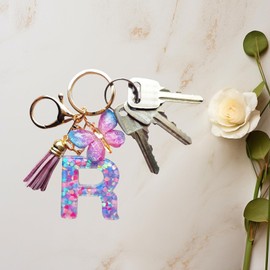 Afoxon Cute Initial Letter Keychains for Women Girls Tassel Butterfly Pink Purple Green Keychain for Backpack School Bag (J-purple)