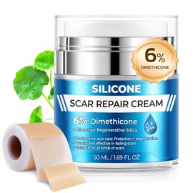 Crema para cicatrices al 6% de dimeticona, crema de silicona para cicatrices, crema avanzada para eliminación de cicatrices quirúrgica, cesárea, acné, queloides, quemaduras, cicatrices viejas y nuevas, con cinta para cicatrices, 1.69 onzas líquidas + 4.9 ft