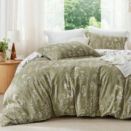 Bedsure Queen Comforter Set - Olive Green Comforter, Cute Floral Bedding Comforter Sets, Gifts for Woman, 3 Pieces, 1 Soft Reversible Botanical Flowers Comforter and 2 Pillow Shams
