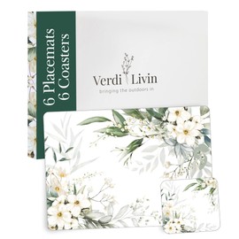 Verdi Livin Cork Placemats Set of 6 and Matching Coasters (12 Pieces) - Heat Resistant Place Mats 16"" x 12"", Hard Backed Cork placemats, Large (White Lily)