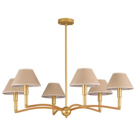 LIGJOY 38" Boho Coastal Chandelier,6-Light Rattan Pendant with Hand-Woven Fabric Shades in Antique Gold,Large Modern Gold Hanging Lighting for Dining Room Kitchen Island Living Room