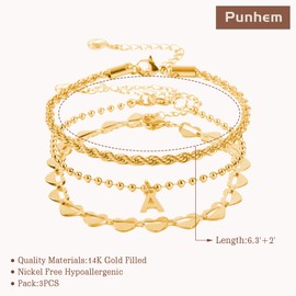 Punhem Gold Initial Bracelet for Women Gold Charm Plated Bracelet Stack 14k Gold Letter Chain Heart Bangle Heart Bracelet Women Gold Jewelry Beaded Bracelet Gifts 3PCS-E