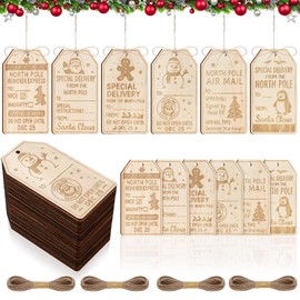 Threehoney 48 Pcs Christmas Wooden Gift Tag 2.4 x 4.3 Inch Wood Christmas Tree Hanging Ornaments Happy Holiday Gift Labels Tags with 32.8 Feet Yellow Jute Rope for Winter Party Packaging Decoration
