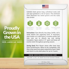 Survival Garden Seeds - Cylindra Beet Seed for Planting - Packet with Instructions to Plant and Grow Your Home Vegetable Garden - Non-GMO Heirloom Variety