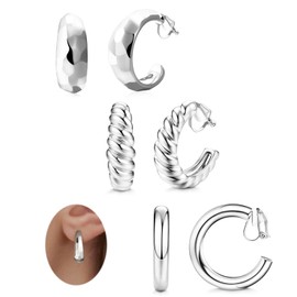 Awinesn Gold Clip on Earrings Hypoallergenic Clip on Hoop Earrings for Women Trendy 14K Gold/Silver Plated Chunky Tube Croissant No Piercing Fake Earrings Set of 3 Pair Jewelry for Women (style1-S)