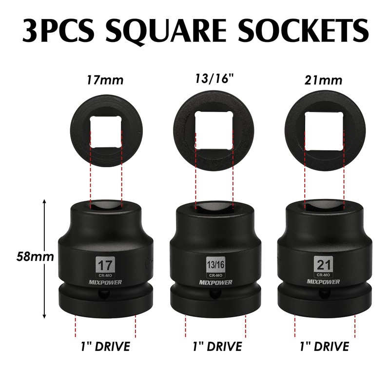 MIXPOWER 8PCS 1"Drive Impact Socket Set - 17mm, 21mm, 13/16"
