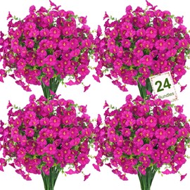 Ouddy Decor 24 Bundles Artificial Flowers for Outdoors Decoration Fake Silk Morning Glory Flowers Faux Eucalyptus Plants UV Resistant for Porch Patio Garden Spring Summer Home Decor, Fuchsia