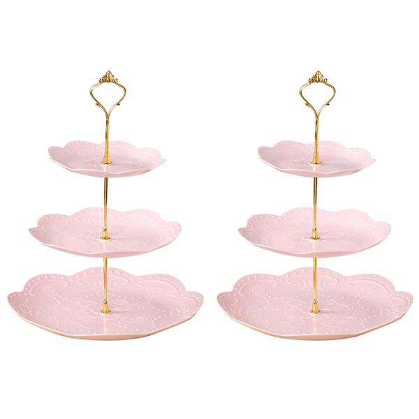 Supporto per cupcake a 3 livelli, supporto per dessert, vassoi per biscotti, vassoio per dessert in plastica, per feste di compleanno, colore rosa (2 pezzi)
