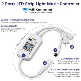RGBZONE 5050 3528 2.4GHz WiFi Music LED Controller, 24Key Wireless IR Control, Mic Control Music Sync RGB Controller Smart APP Control DC5V/12V/24V for SMD 5050 3528 4-Pin LED Lights (2 Ports)