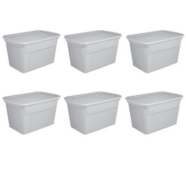 Sterilite 30 Gal Storage Tote, Stackable Bin with Lid, Plastic Container to Organize Clothes, Blankets in Closet, Basement, Gray Base and Lid, 6-Pack