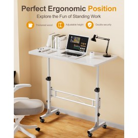 Small Standing Desk Adjustable Height, Mobile Stand Up Desk with Wheels, 32 Inch Portable Rolling Desks Computer Office Workstations for Walking Pad Treadmill White