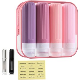 Conjunto 4 Botellas de viaje para artículos tocador De Silicona, Kit Viaje Aprobado por TSA, Sin BPA y a Prueba de Fugas, Accesorios De Viaje Recargables (Rosa)