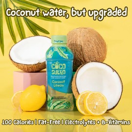 Coco Suero Electrolyte Coconut Water – 12-Pack | 100 Calories, Fat-Free, Packed with B3, B6, B12 for Energy & Hydration | No Artificial Flavors| Amino Acids | Sweetened with Dextrose | (20.2 Fl Oz, Coconut Lemon)