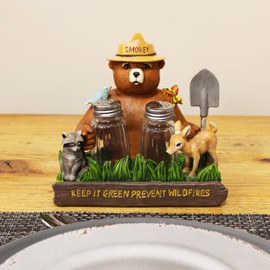 Rivers Edge Products Salt and Pepper Shakers Set, Unique Poly Resin and Glass Spice Dispenser, Novelty Kitchen Accessories and Counter Decor, Smokey Friends & Nature