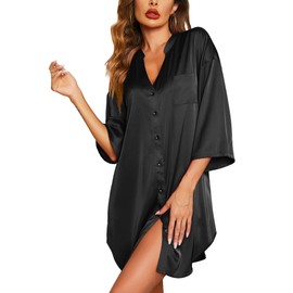 Ekouaer Women's Satin Nightgown 3/4 Sleeve Nightshirt Silk Sleepwear Bride Sleepshirt Wedding Gown