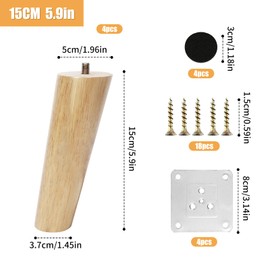 KINDPMA Pack of 4 15 cm Furniture Feet, Wooden Slanted Oak Furniture Legs, Wooden Feet for Furniture, Table Legs, Cabinet Feet with Mounting Plates, Screws, and Quiet Rubber Pads for Sofa, TV,