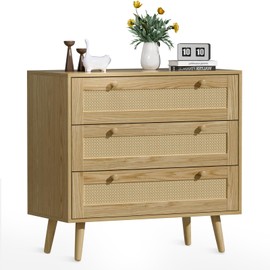 infurnic 3 Drawer Rattan Dresser for Bedroom, Modern Wooden Dresser Chest with Handles for Bedroom, Hallway and Living Room, Wood Oak