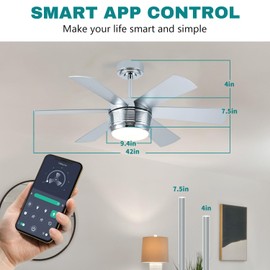 SHOWDI Ceiling Fan with Lights and Remote, 6 Blade App Control Timer Reversible Stepless Brightness and Color Temperature Outdoor Wood Ceiling Fan with Lights (Chrome, 42 Inch)