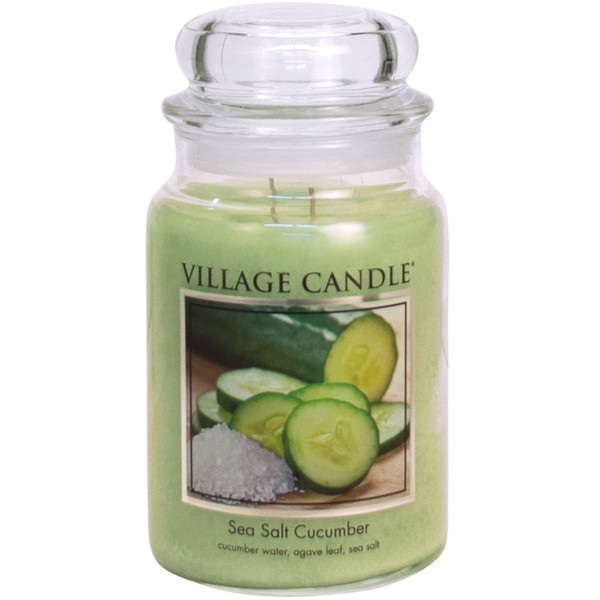 Village Candle Sea Salt Cucumber, Large Glass Apothecary Jar Scented Candle, 21.25 oz, Light Green