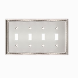 Kisrvopn Metal Outlet Covers Wall Plates, Satin Nickel Beadboard Switch Plate Cover, Receptacle Light Switch Covers, Decorative Electrical Outlet Cover (4 Gang Toggle 1 Pack)
