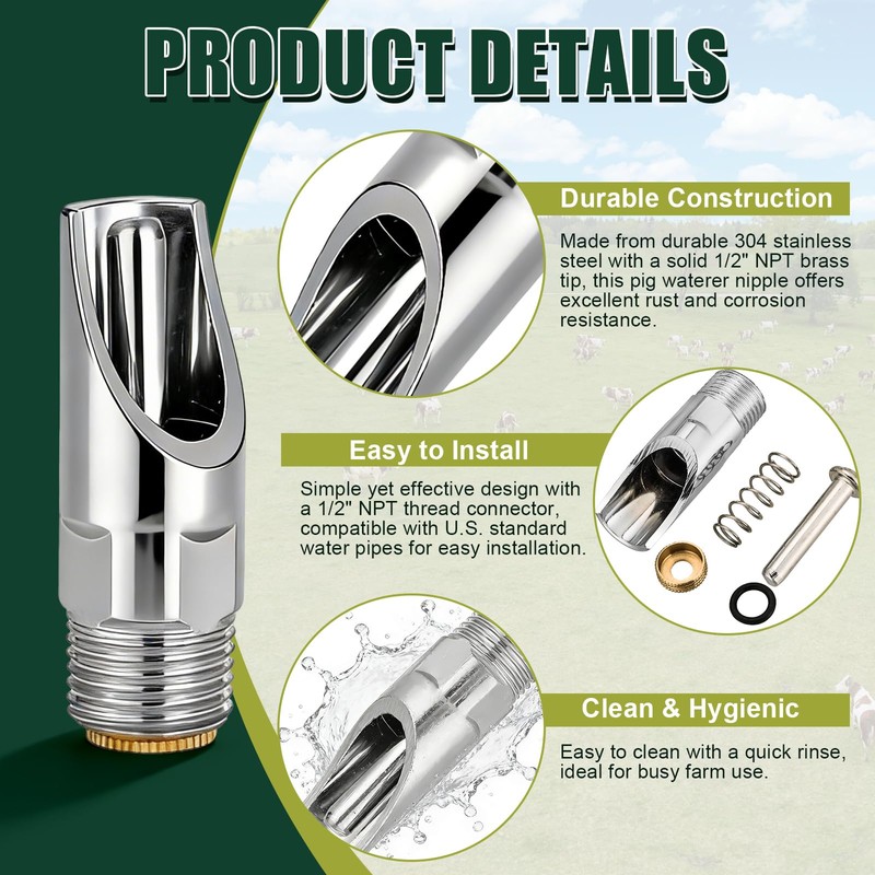 FLKQC 20 Pack Pig Water Nipple, 1/2" NPT Stainless Steel
