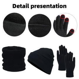 JYCY 3PCS Beanie Hat Scarf Touchscreen Gloves Set for Men and Women Winter Warm Knit Hat Fleece Lined Unisex (black)