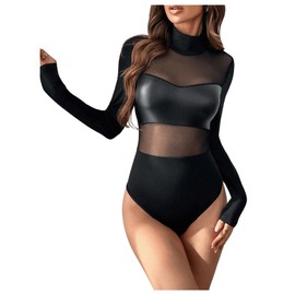 Milumia Women's Pu Leather Contrast Mesh Bodysuit Mock Neck Long Sleeve Leotards Black Small