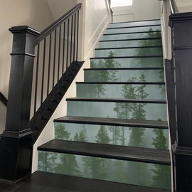 REDAMANCY Misty Pine Tree Forest Mountain Landscape Nature Peel and Stick Vinyl Stair Riser Decals Staircase Tile Stickers Decor Modern Marble Decoration Self-Adhesive(14 Pcs)