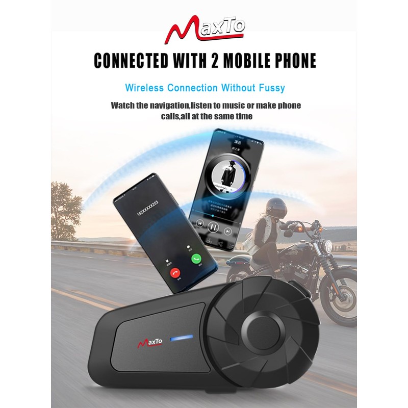 MAXTO Auriculares Bluetooth para Motocicleta, MX1 2-Riders 800 M, Sistema