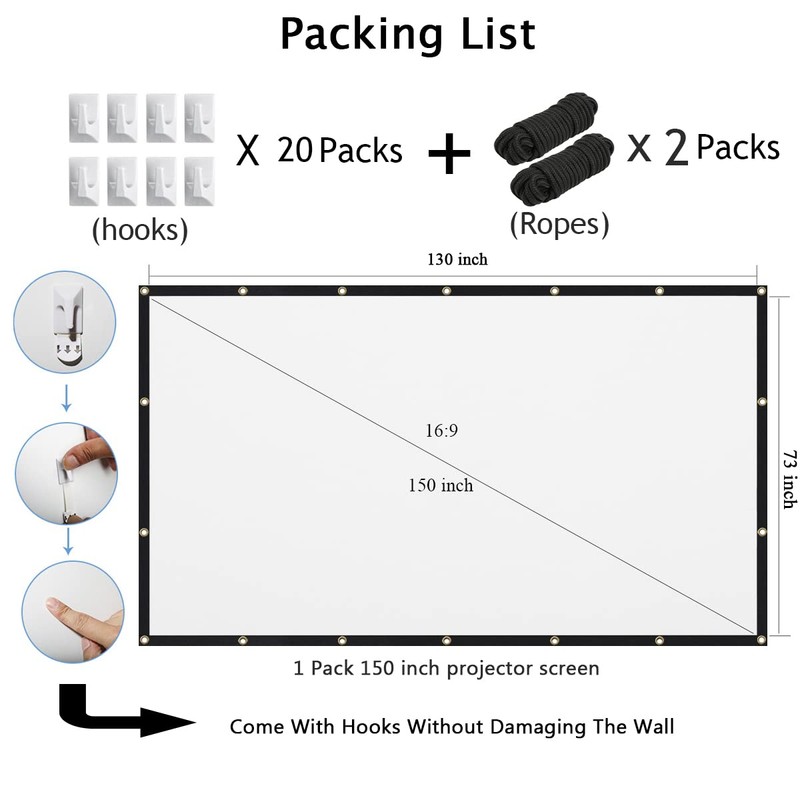 Mdbebbron 150 inch Projection Screen 16:9 Foldable Anti-Crease Portable Projector