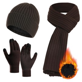 Winter Knitted Beanie Hat Long Scarf and Touchscreen Gloves Set Unisex Warm Fleece Lined Beanie Gloves Scarf for Women Men