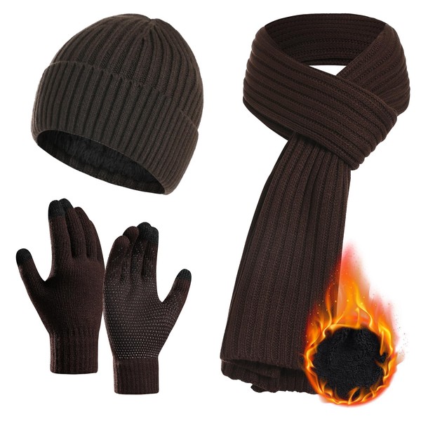 Winter Knitted Beanie Hat Long Scarf and Touchscreen Gloves Set