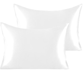 Silk Satin Pillowcases for Hair and Skin - Satin Standard Pillowcases, 2 Pack Luxurious and Silky Pillow Cases with Envelope Closure, 20x26 Inches, White